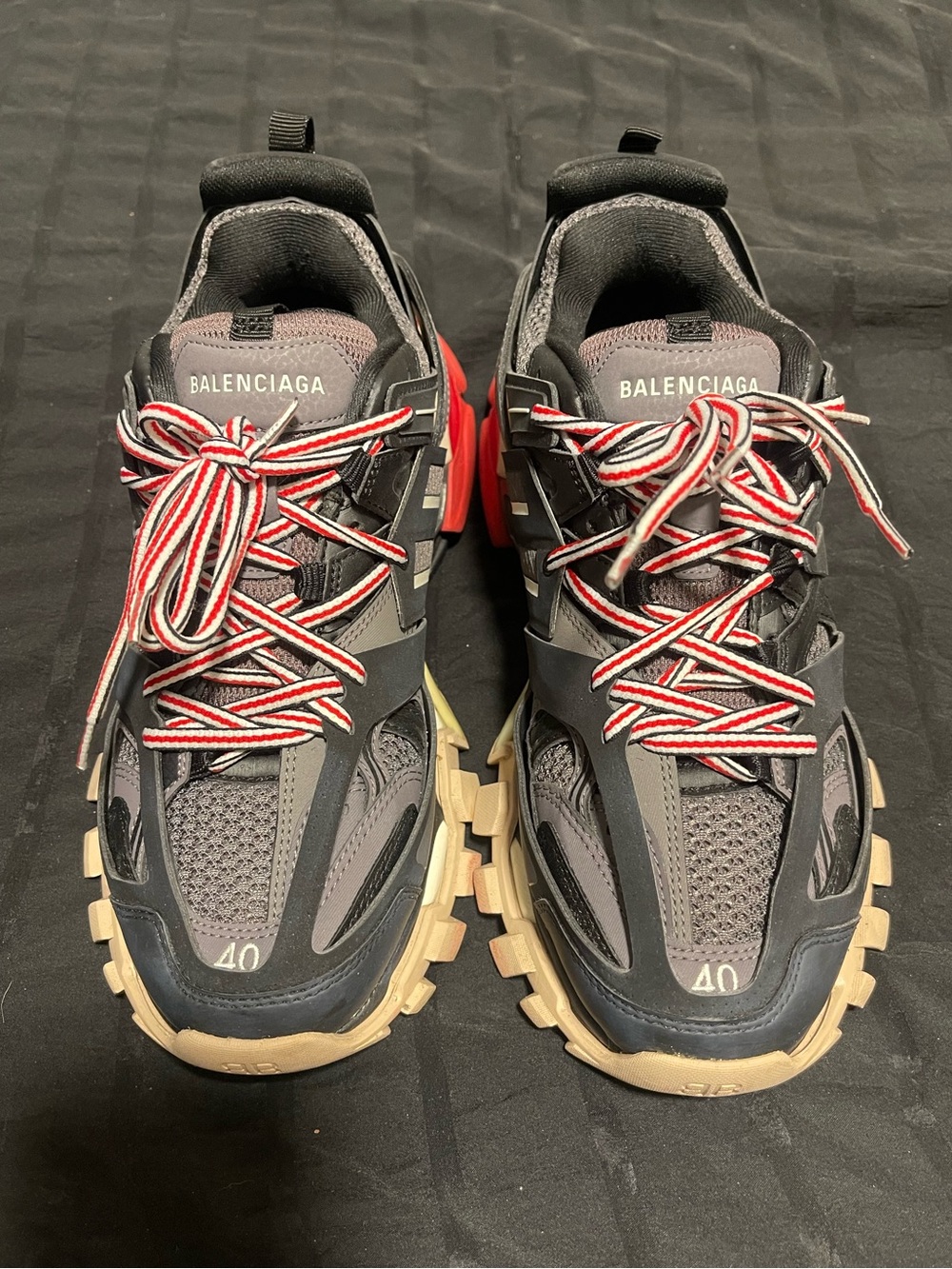Balenciaga Black and Gray Layered Runner Sneakers with Red Logo